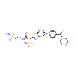 CS(=O)(=O)[C@@H](C(=O)NCCS(N)(=O)=O)c1nc2cc(-c3ccc(C(=O)N4CCOCC4)cc3)ccc2s1 ZINC000145470121