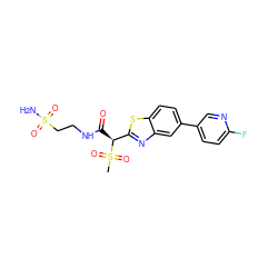 CS(=O)(=O)[C@@H](C(=O)NCCS(N)(=O)=O)c1nc2cc(-c3ccc(F)nc3)ccc2s1 ZINC000144028198