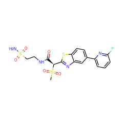 CS(=O)(=O)[C@@H](C(=O)NCCS(N)(=O)=O)c1nc2cc(-c3cccc(F)n3)ccc2s1 ZINC000144247412