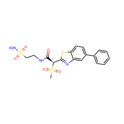 CS(=O)(=O)[C@@H](C(=O)NCCS(N)(=O)=O)c1nc2cc(-c3ccccc3)ccc2s1 ZINC000145471380