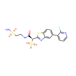 CS(=O)(=O)[C@@H](C(=O)NCCS(N)(=O)=O)c1nc2cc(-c3cccnc3F)ccc2s1 ZINC000144002946