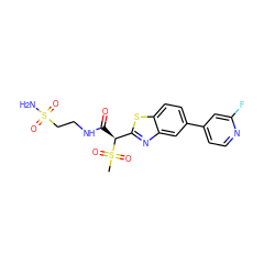 CS(=O)(=O)[C@@H](C(=O)NCCS(N)(=O)=O)c1nc2cc(-c3ccnc(F)c3)ccc2s1 ZINC000144188788