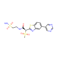 CS(=O)(=O)[C@@H](C(=O)NCCS(N)(=O)=O)c1nc2cc(-c3cncnc3)ccc2s1 ZINC000144268526