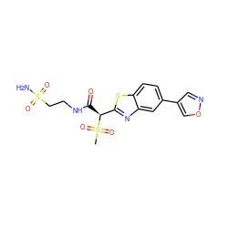 CS(=O)(=O)[C@@H](C(=O)NCCS(N)(=O)=O)c1nc2cc(-c3cnoc3)ccc2s1 ZINC000144145006