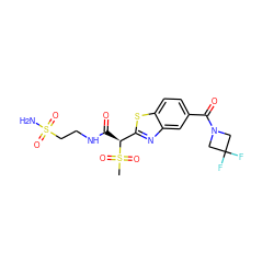 CS(=O)(=O)[C@@H](C(=O)NCCS(N)(=O)=O)c1nc2cc(C(=O)N3CC(F)(F)C3)ccc2s1 ZINC000144170839