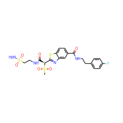 CS(=O)(=O)[C@@H](C(=O)NCCS(N)(=O)=O)c1nc2cc(C(=O)NCCc3ccc(F)cc3)ccc2s1 ZINC000145530814