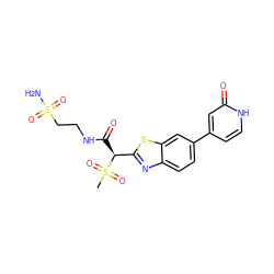 CS(=O)(=O)[C@@H](C(=O)NCCS(N)(=O)=O)c1nc2ccc(-c3cc[nH]c(=O)c3)cc2s1 ZINC000143973515