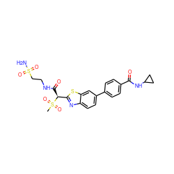 CS(=O)(=O)[C@@H](C(=O)NCCS(N)(=O)=O)c1nc2ccc(-c3ccc(C(=O)NC4CC4)cc3)cc2s1 ZINC000146080984