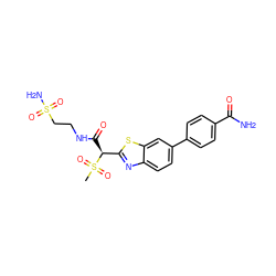 CS(=O)(=O)[C@@H](C(=O)NCCS(N)(=O)=O)c1nc2ccc(-c3ccc(C(N)=O)cc3)cc2s1 ZINC000145490631