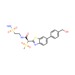 CS(=O)(=O)[C@@H](C(=O)NCCS(N)(=O)=O)c1nc2ccc(-c3ccc(CO)cc3)cc2s1 ZINC000145466802