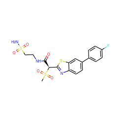 CS(=O)(=O)[C@@H](C(=O)NCCS(N)(=O)=O)c1nc2ccc(-c3ccc(F)cc3)cc2s1 ZINC000144085599