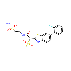 CS(=O)(=O)[C@@H](C(=O)NCCS(N)(=O)=O)c1nc2ccc(-c3ccccc3F)cc2s1 ZINC000143980658