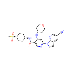 CS(=O)(=O)[C@H]1CC[C@H](NC(=O)c2cnc(-n3ccc4cc(C#N)cnc43)cc2NC2CCOCC2)CC1 ZINC001772593770