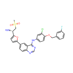 CS(=O)(=O)C[C@@H](N)c1ccc(-c2ccc3ncnc(Nc4ccc(OCc5cccc(F)c5)c(Cl)c4)c3c2)o1 ZINC000115937297