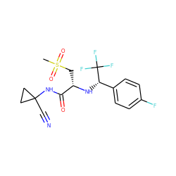 CS(=O)(=O)C[C@H](N[C@@H](c1ccc(F)cc1)C(F)(F)F)C(=O)NC1(C#N)CC1 ZINC000014971120