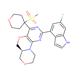 CS(=O)(=O)C1(c2nc(-c3cc(F)cc4[nH]ccc34)nc3c2OC[C@@H]2COCCN32)CCOCC1 ZINC000218189183