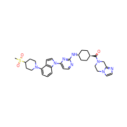 CS(=O)(=O)C1CCN(c2cccc3c2ccn3-c2ccnc(N[C@H]3CC[C@H](C(=O)N4CCn5ccnc5C4)CC3)n2)CC1 ZINC000261177983