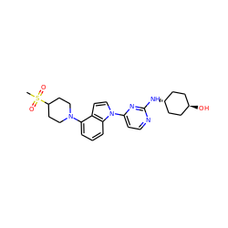 CS(=O)(=O)C1CCN(c2cccc3c2ccn3-c2ccnc(N[C@H]3CC[C@H](O)CC3)n2)CC1 ZINC000100628576