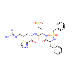 CS(=O)(=O)CC[C@H](NC(=O)[C@@H](Cc1ccccc1)NS(=O)(=O)Cc1ccccc1)C(=O)N[C@@H](CCCN=C(N)N)C(=O)c1nccs1 ZINC000027317656