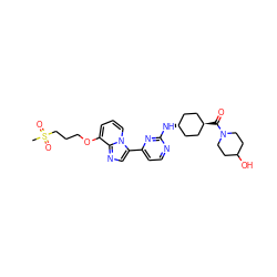 CS(=O)(=O)CCCOc1cccn2c(-c3ccnc(N[C@H]4CC[C@H](C(=O)N5CCC(O)CC5)CC4)n3)cnc12 ZINC000261135832