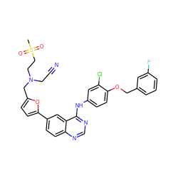 CS(=O)(=O)CCN(CC#N)Cc1ccc(-c2ccc3ncnc(Nc4ccc(OCc5cccc(F)c5)c(Cl)c4)c3c2)o1 ZINC000034800083