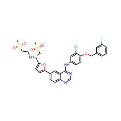 CS(=O)(=O)CCN[C@H](CS(C)(=O)=O)c1ccc(-c2ccc3ncnc(Nc4ccc(OCc5cccc(F)c5)c(Cl)c4)c3c2)o1 ZINC000299837081