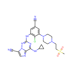 CS(=O)(=O)CCN1CCN(c2cc(C#N)cc(Nc3nc(NC4CC4)c4ncc(C#N)n4n3)c2Cl)CC1 ZINC000169711900