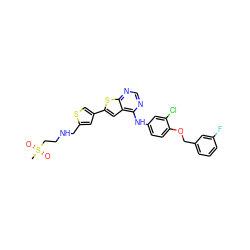 CS(=O)(=O)CCNCc1cc(-c2cc3c(Nc4ccc(OCc5cccc(F)c5)c(Cl)c4)ncnc3s2)cs1 ZINC000044430703