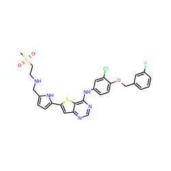 CS(=O)(=O)CCNCc1ccc(-c2cc3ncnc(Nc4ccc(OCc5cccc(F)c5)c(Cl)c4)c3s2)[nH]1 ZINC000044430633