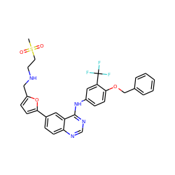 CS(=O)(=O)CCNCc1ccc(-c2ccc3ncnc(Nc4ccc(OCc5ccccc5)c(C(F)(F)F)c4)c3c2)o1 ZINC000034800110