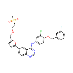 CS(=O)(=O)CCOCc1ccc(-c2ccc3ncnc(Nc4ccc(OCc5cccc(F)c5)c(Cl)c4)c3c2)o1 ZINC000034800117