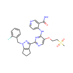 CS(=O)(=O)CCOc1cnc(-c2nn(Cc3ccccc3F)c3c2CCC3)nc1Nc1ccncc1C(N)=O ZINC000169341691