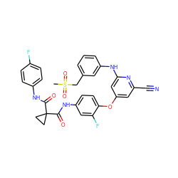 CS(=O)(=O)Cc1cccc(Nc2cc(Oc3ccc(NC(=O)C4(C(=O)Nc5ccc(F)cc5)CC4)cc3F)cc(C#N)n2)c1 ZINC000169350856