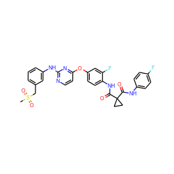 CS(=O)(=O)Cc1cccc(Nc2nccc(Oc3ccc(NC(=O)C4(C(=O)Nc5ccc(F)cc5)CC4)c(F)c3)n2)c1 ZINC000169349439