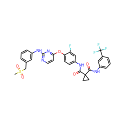 CS(=O)(=O)Cc1cccc(Nc2nccc(Oc3ccc(NC(=O)C4(C(=O)Nc5cccc(C(F)(F)F)c5)CC4)cc3F)n2)c1 ZINC000169349449