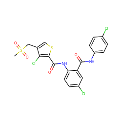 CS(=O)(=O)Cc1csc(C(=O)Nc2ccc(Cl)cc2C(=O)Nc2ccc(Cl)cc2)c1Cl ZINC000014963792