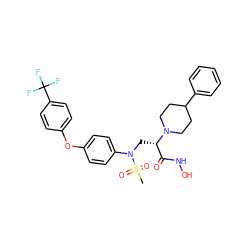 CS(=O)(=O)N(C[C@@H](C(=O)NO)N1CCC(c2ccccc2)CC1)c1ccc(Oc2ccc(C(F)(F)F)cc2)cc1 ZINC000096319037