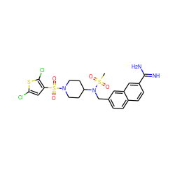 CS(=O)(=O)N(Cc1ccc2ccc(C(=N)N)cc2c1)C1CCN(S(=O)(=O)c2cc(Cl)sc2Cl)CC1 ZINC000028714203