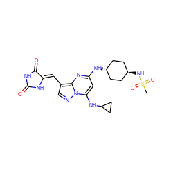 CS(=O)(=O)N[C@H]1CC[C@H](Nc2cc(NC3CC3)n3ncc(/C=C4\NC(=O)NC4=O)c3n2)CC1 ZINC001772647863