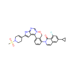 CS(=O)(=O)N1CC=C(c2cc3c(-c4cccc(-n5ccc6cc(C7CC7)cc(F)c6c5=O)c4CO)ncnc3[nH]2)CC1 ZINC000299871919