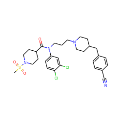 CS(=O)(=O)N1CCC(C(=O)N(CCCN2CCC(Cc3ccc(C#N)cc3)CC2)c2ccc(Cl)c(Cl)c2)CC1 ZINC000038156570