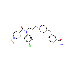 CS(=O)(=O)N1CCC(C(=O)N(CCCN2CCC(Cc3cccc(C(N)=O)c3)CC2)c2ccc(Cl)c(Cl)c2)CC1 ZINC000038156566