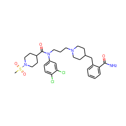 CS(=O)(=O)N1CCC(C(=O)N(CCCN2CCC(Cc3ccccc3C(N)=O)CC2)c2ccc(Cl)c(Cl)c2)CC1 ZINC000038156565