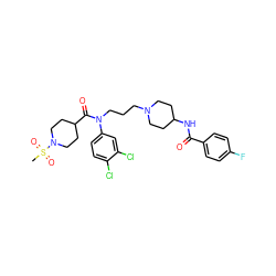 CS(=O)(=O)N1CCC(C(=O)N(CCCN2CCC(NC(=O)c3ccc(F)cc3)CC2)c2ccc(Cl)c(Cl)c2)CC1 ZINC000038156571