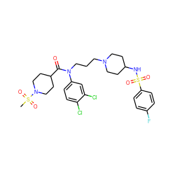 CS(=O)(=O)N1CCC(C(=O)N(CCCN2CCC(NS(=O)(=O)c3ccc(F)cc3)CC2)c2ccc(Cl)c(Cl)c2)CC1 ZINC000049937663