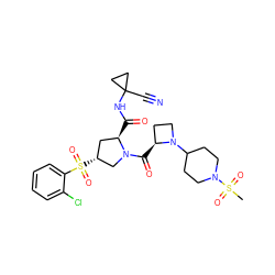 CS(=O)(=O)N1CCC(N2CC[C@@H]2C(=O)N2C[C@H](S(=O)(=O)c3ccccc3Cl)C[C@H]2C(=O)NC2(C#N)CC2)CC1 ZINC000169705306
