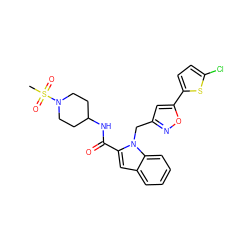 CS(=O)(=O)N1CCC(NC(=O)c2cc3ccccc3n2Cc2cc(-c3ccc(Cl)s3)on2)CC1 ZINC000014959667