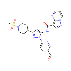 CS(=O)(=O)N1CCC(c2cc(NC(=O)c3cnn4cccnc34)n(-c3ccc(C=O)cn3)n2)CC1 ZINC000142367434