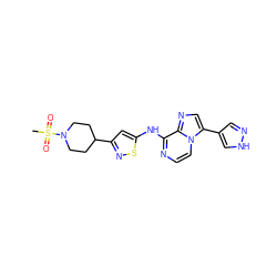 CS(=O)(=O)N1CCC(c2cc(Nc3nccn4c(-c5cn[nH]c5)cnc34)sn2)CC1 ZINC000072109209