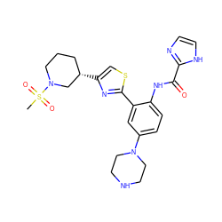 CS(=O)(=O)N1CCC[C@H](c2csc(-c3cc(N4CCNCC4)ccc3NC(=O)c3ncc[nH]3)n2)C1 ZINC001772604818